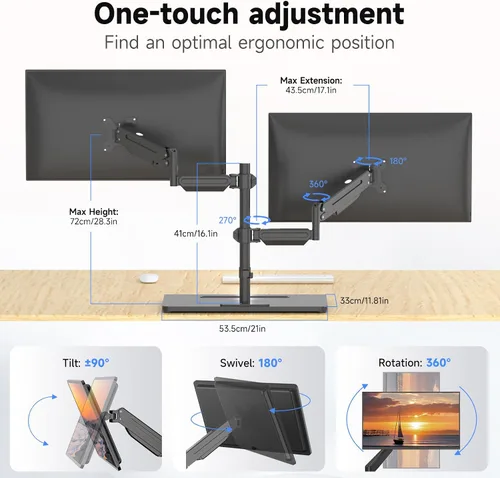 Vista 3 de Suptek Soporte independiente para monitor dual de hasta 32 pulgadas, soporte de monitor más alto con capacidad de carga de 22 libras, brazo