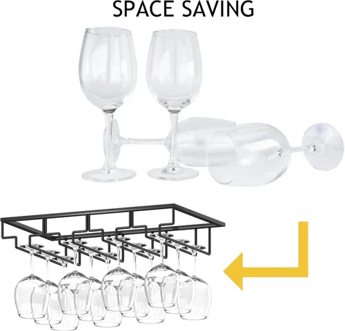 Vista 4 de Estante para copas de vino, paquete de 2 soportes para copas de vino, 4 filas de metal negro, colgador de almacenamiento para copas de vino debajo