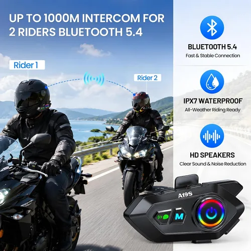 Vista 2 de Auriculares de intercomunicador para 2 conductores, cascos de motocicleta, con cancelación de ruido y música compartida, auriculares Bluetooth