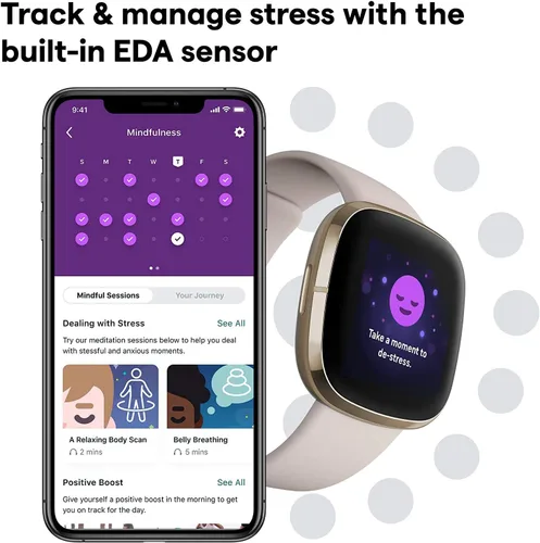 Vista 3 de Fitbit Sense Health & Fitness - Reloj inteligente con GPS, llamadas y mensajes de texto Bluetooth, frecuencia cardíaca SpO2, ECG, temperatura