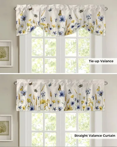 Vista 5 de Cortina de cenefa con lazo de hojas de mariposa para cocina, sala de estar, dormitorio, baño, cafetería, bolsillo para barra, panel de cortina corto