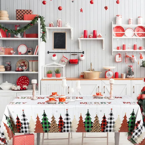 Vista 6 de Preboun Mantel de Navidad de Mesa de Navidad Mantel de Plástico Mantel Cuadrado con Árbol de Navidad Mantel Rectangular para Navidad para Fiesta