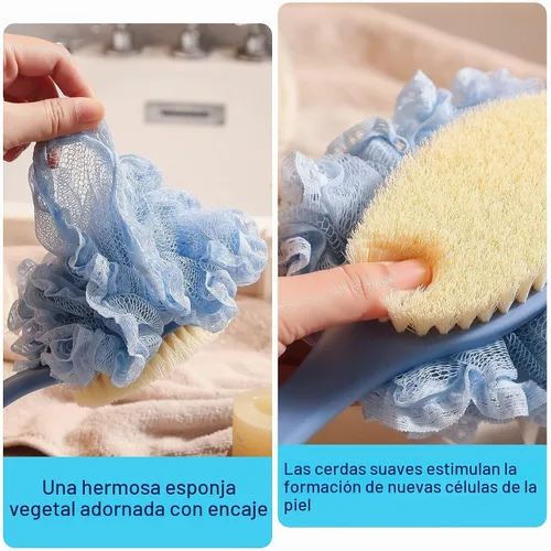 Vista 3 de [2ª generación] Cepillo corporal de ducha con cerdas y esponja, esponja de malla de baño con mango curvado de 16 pulgadas de largo, antideslizante