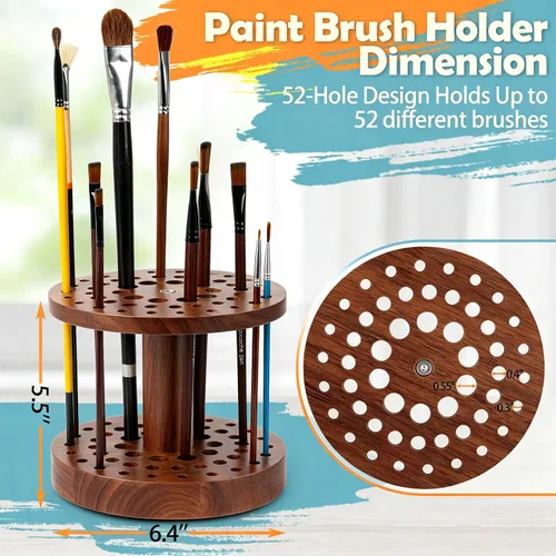 Vista 5 de Soporte para pinceles de pintura de 52 agujeros, organizador de pinceles de pintura giratorio de 360°, soporte de almacenamiento de madera dura
