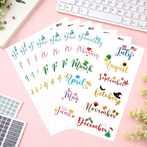 Vista 5 de Epakh 12 hojas de calcomanías para planificador mensual, calcomanías de diario con pinzas para codo, calcomanías creativas para calendarios