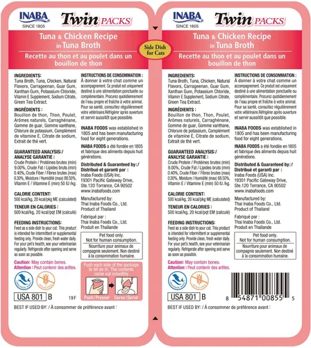 Vista 6 de INABA Paquetes dobles para gatos, guarniciones/tazas, 1.4 onzas por porción, 12 porciones, receta de atún y pollo en caldo de atún