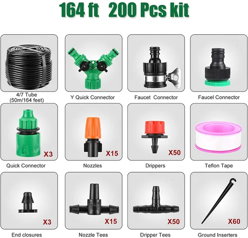 Vista 7 de Sistema de riego automático de jardín de 164 pies, paquete de 200 unidades, kit de riego por goteo de 1/4 pulgadas, tubo de distribución en blanco