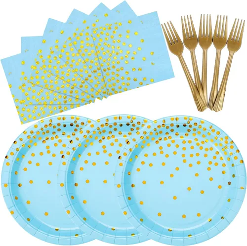 Vista 9 de Suministros de fiesta negros y dorados, 145 platos de papel, servilletas, cuchillos, tenedores, vasos, pancartas, para víspera de Año Nuevo 2026