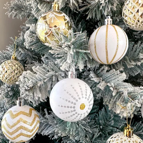 Vista 4 de 30 bolas de adorno de Navidad, 60 mm, doradas y blancas, decoraciones de Navidad para árbol de Navidad, adornos colgantes irrompibles para fiestas