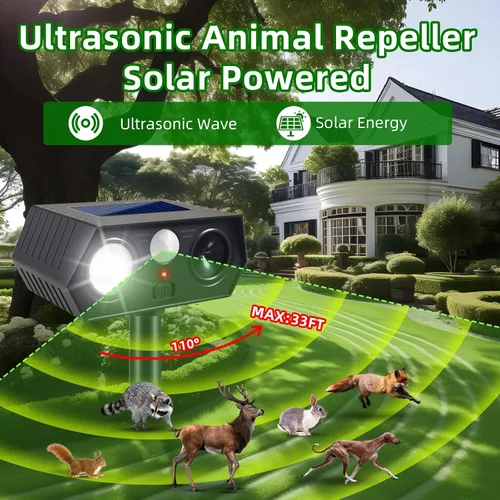 Vista 2 de Sonic Racoon Fortress Pro IP65 - Repelente solar ultrasónico de animales, dispositivos repelentes de ciervos para exteriores, alarmas disuasorias