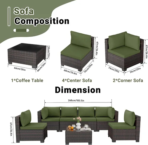 Vista 2 de LEVELEVE Juego de muebles de patio al aire libre, sofá seccional de conversación de ratán de tejido manual con mesa de centro de vidrio templado