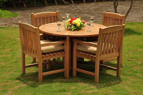 Vista 4 de Juego de comedor de 5 piezas de madera de teca de grado A de 4 plazas: mesa plegable redonda de mariposa de 48 pulgadas y 4 sillas Devon Captain/Arm