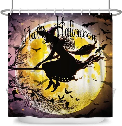 Vista 9 de Cortina de ducha de Halloween, cortinas de ducha de calabaza aterradora para baño, casa cazada de brujas, cortina de baño, cortina de baño