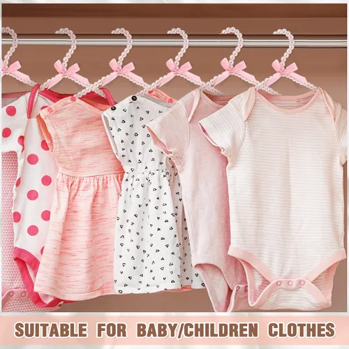 Vista 2 de Threan Rosa 12 piezas de perchas de ropa con cuentas de perlas mini con cuentas de perlas pequeñas de metal con cinta, estándar para niños, bebés