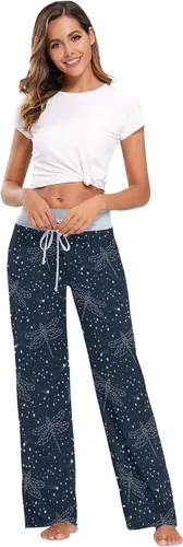 Vista 6 de Pantalones de pijama para mujer, cómodos, casuales, estilo palazzo, con cordón, de pierna ancha Color 1
