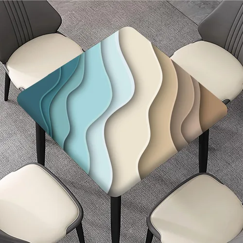 Vista 3 de Mantel cuadrado geométrico, ajustable, color turquesa, verde azulado degradado, con borde elástico, resistente a derrames y manchas, para mantel