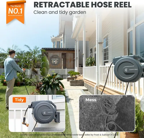 Vista 2 de Giraffe Tools - Carrete para manguera de jardín retráctil de 1/2 pulgadas x 130 pies, súper resistente, bloqueo a cualquier longitud, sistema