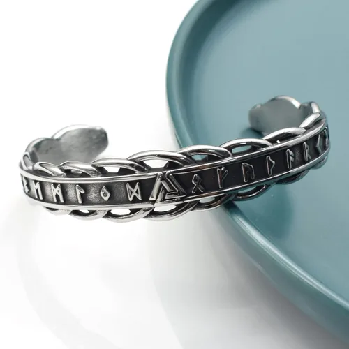 Vista 2 de joymiao Pulsera vikinga para mujeres y hombres, anillo de brazo, joyería nórdica, pulsera de acero inoxidable, pulsera escandinava con cabeza