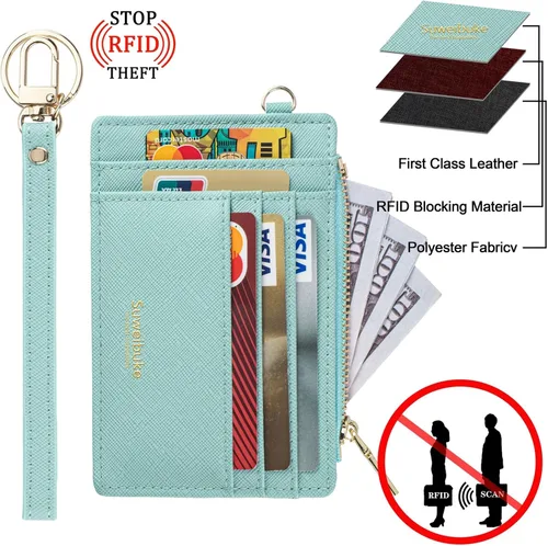 Vista 4 de Wikavanli Funda delgada para tarjetas de crédito con bloqueo Rfid para mujer, cartera con cremallera, cartera pequeña y compacta de cuero