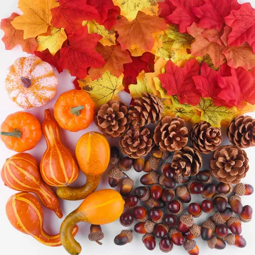 Vista 9 de FEPITO 56 piezas de conos de pino de calabazas de otoño para decoraciones Mini calabazas artificiales, conos de pino, hojas de otoño, bellotas