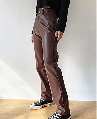 Vista 7 de Pantalones de piel sintética para mujer, cintura alta, pierna recta, pantalones de poliuretano vintage Y2k, ropa de calle sexy y holgada