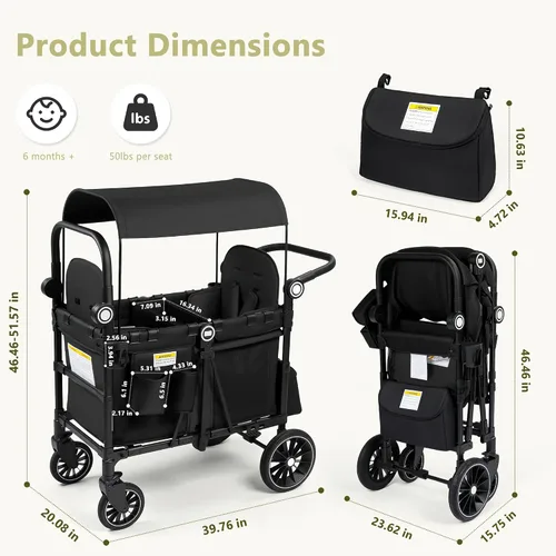 Vista 9 de Kinder King Cochecito Wagon para 2 niños, rueda absorbente de golpes, color Negro