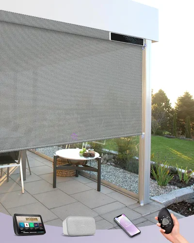 Vista 11 de Graywind Persianas enrollables motorizadas para exterior para patio compatibles con Alexa Google, cortinas solares inteligentes para exteriores