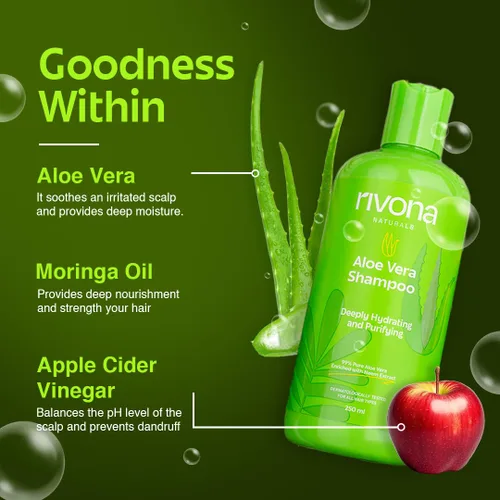 Vista 2 de RIVONA NATURALS Champú hidratante de aloe vera 99% puro con neem para cabello dañado, seco y encrespado, orgánico, natural, vegano, sin sulfato