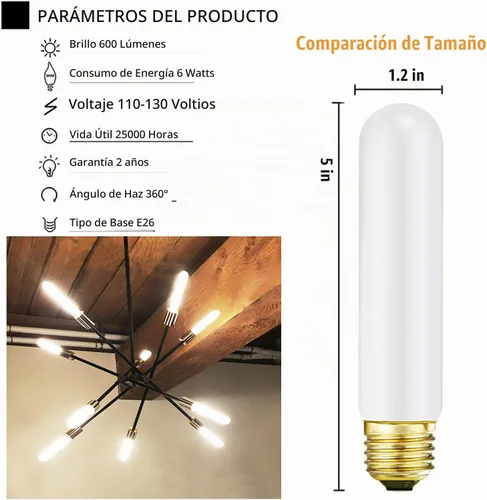 Vista 5 de Leools Bombilla LED esmerilada T10, bombilla LED tubular regulable E26, 8 W igual a 60 W, 3000 K, blanco suave, CRI90+, 600 lm, base E26 de T10