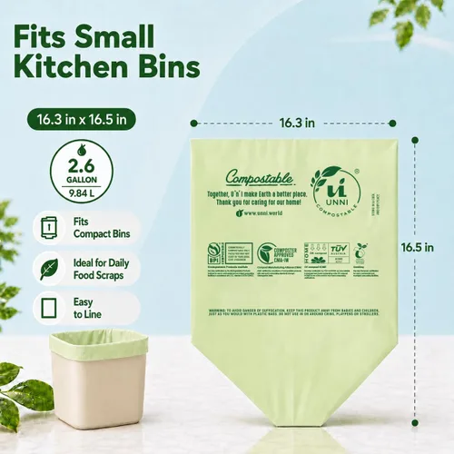Vista 3 de Bolsas de basura compostables UNNI, 2.6 galones / 9.84 litros, 100 unidades, extra gruesas de 0.71 mil, forros para contenedores pequeños de restos