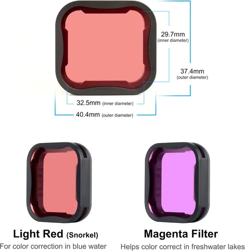 Vista 5 de Filtro subacuático para GoPro Hero 7 6 5 negro en color rojo y magenta ideal para esnórquel/buceo poco profundo, accesorios subacuáticos para Go Pro