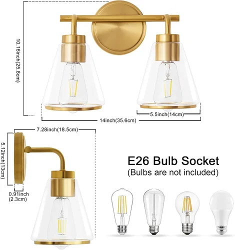 Vista 7 de Accesorios de iluminación de baño sobre espejo Luces de tocador doradas de 2 luces con pantalla de vidrio transparente de 14 pulgadas Luces