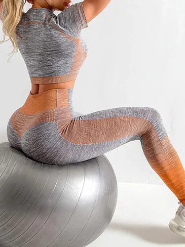 Vista 7 de JOYMODE - Conjunto de entrenamiento para mujer, diseño de 2 piezas con leggings de tiro alto sin costuras y camiseta corta , para yoga