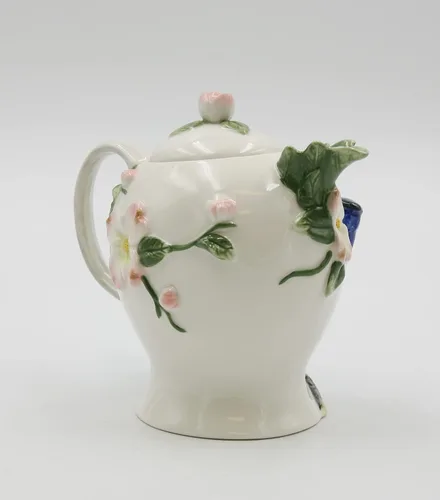 Vista 8 de Tetera de porcelana fina azul Jay Bird con diseño de flores de cornejo, 7 pulgadas de largo