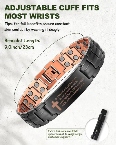 Vista 5 de MagEnergy Pulsera de cobre para hombre, pulsera magnética cristiana con imanes ultra fuertes, diseño de cruz bíblica ajustable, regalo de joyería