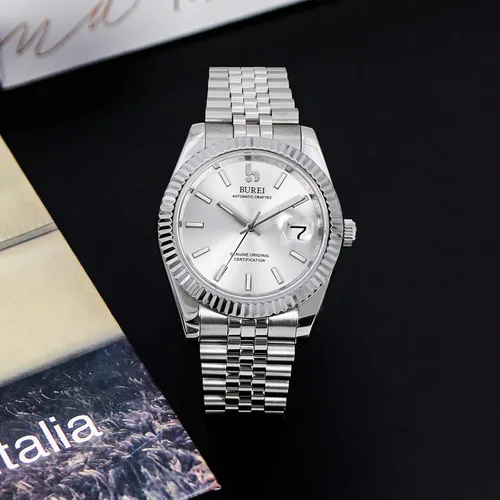 Vista 4 de BUREI - Reloj automático de lujo para hombre con lente de zafiro, calendario y correa de acero inoxidable
