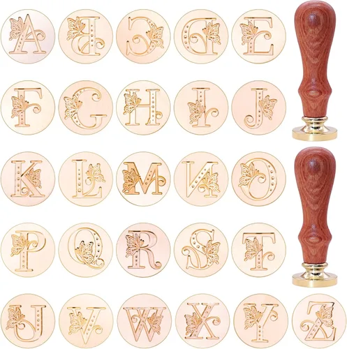 Vista 3 de SWANGSA Kit de sellos de cera del alfabeto, diseño de mariposa vintage, 26 letras A-Z con 2 asas de madera, kit de regalo para invitación de boda