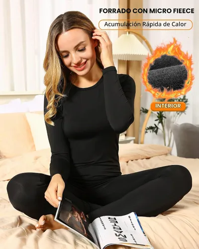 Vista 5 de ViCherub Ropa Interior Térmica para Mujeres con Forro Polar Long Johns Capa Base Térmica Conjunto de Parte Superior e Inferior Clima Frío Negro