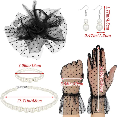 Vista 3 de El juego de sombreros y guantes para fiesta de té incluye sombreros de malla, guantes de encaje, collar de perlas y aretes para mujeres y niñas