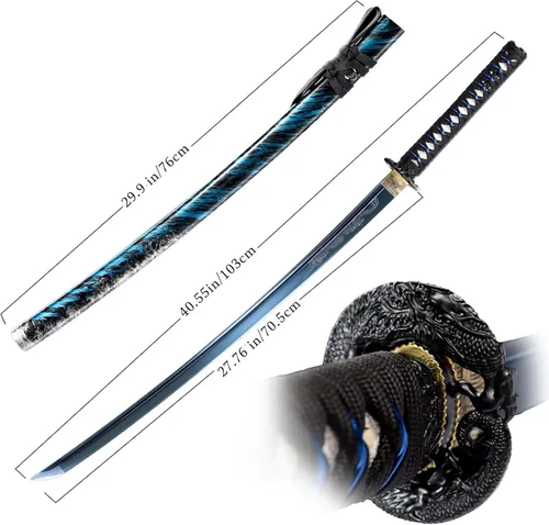 Vista 2 de OYZ Espada katana azul japonesa auténtica, espada completa, práctica, funcional, acero de alto carbono 1060, Hademade templada por calor, forjada a