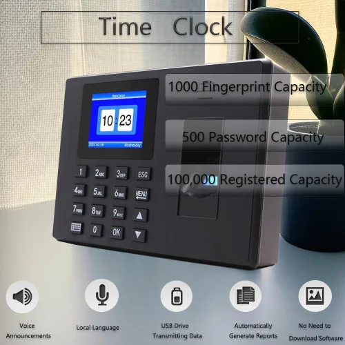 Vista 2 de MIKONIYA Reloj de tiempo, máquina de asistencia con huella dactilar, relojes de tiempo para empleados pequeños negocios, perforación de contraseña