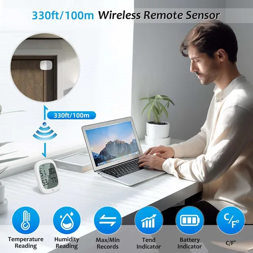 Vista 2 de RUIKORING Termómetro inalámbrico para interiores y exteriores, termómetro digital exterior de humedad con sensor impermeable IP66, retroiluminación