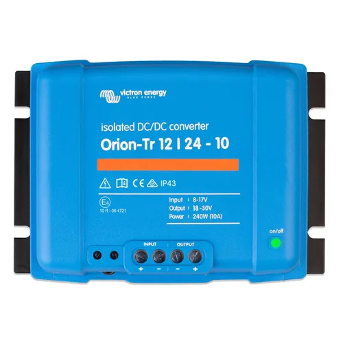 Vista 24 de Victron Energy Orion-Tr Convertidor de CC a CC - 12/12 voltios 9 amperios 110 vatios - Protección IP43 - para sistemas de batería dual - Aislado