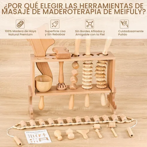 Vista 8 de Meifuly Herramientas de masaje de terapia de madera 13 en 1 con estante de almacenamiento de lujo, kit completo de masajeador de madera