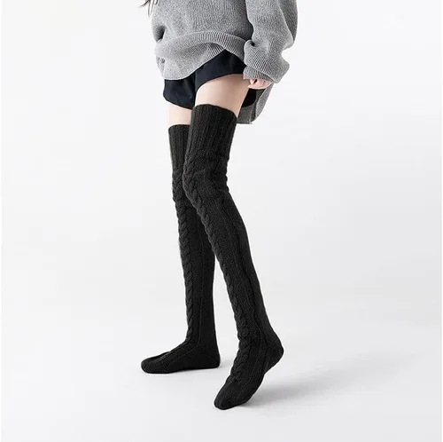 Vista 7 de Pcavin Calcetines altos hasta el muslo para mujer, por encima de la rodilla, calcetines de punto trenzado, calentadores de piernas largos y cálidos
