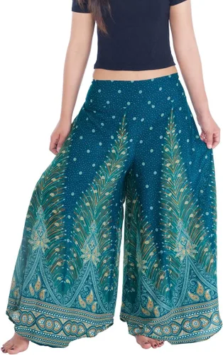 Vista 7 de Lannaclothesdesign Boho Palazzo Pants Women Pavo real colorido negro