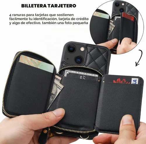 Vista 4 de Bocasal Funda tipo cartera tipo bandolera para iPhone 13, color negro