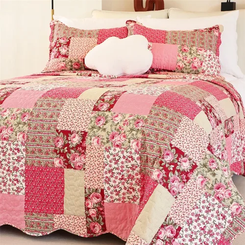 Vista 16 de Cmfshape - Juego de cama con edredón acolchado floral de verano tamaño king, juego de colcha rosa romántico, cubrecama reversible cosido para todas