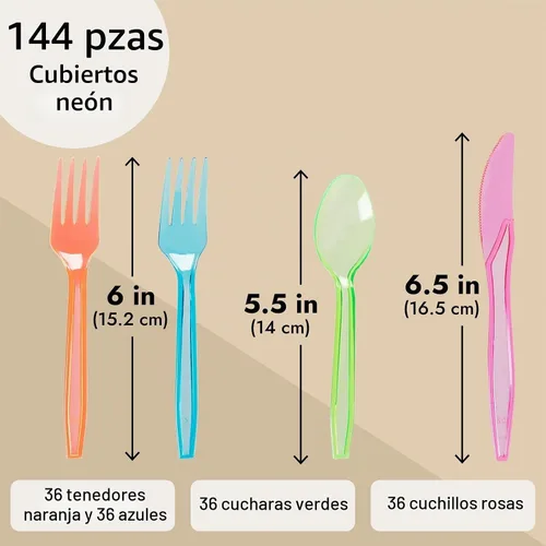 Vista 6 de Juvale Juego de cubiertos de plástico arcoíris – Utensilios desechables de neón para fiestas – Cubiertos desechables para limpieza – Vajilla