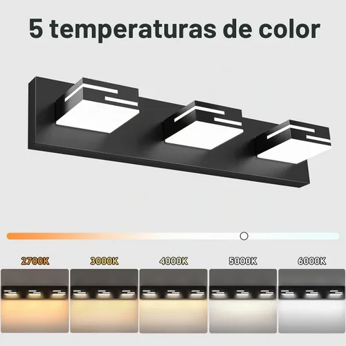 Vista 4 de Lámparas LED modernas para tocador de baño, 3 luces, 5CCT, regulables, luces de tocador negro mate para accesorios de iluminación de baño sobre